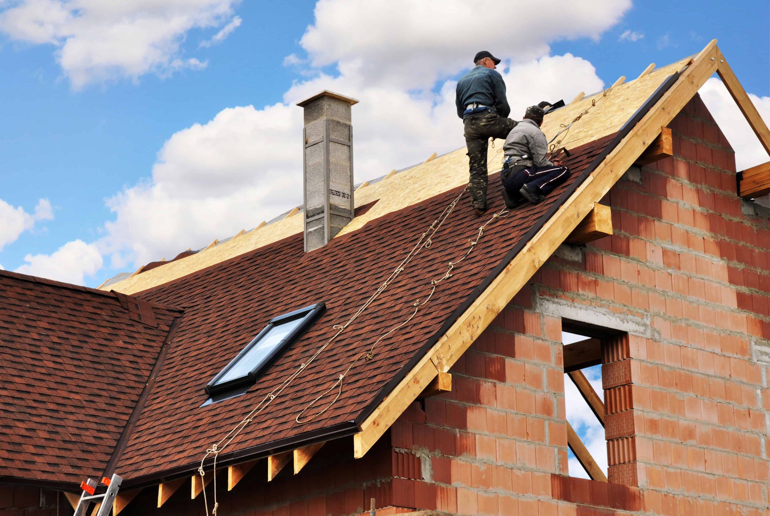 Roofers in the process of laying and installing red asphalt shingles on a roof with a skylight.